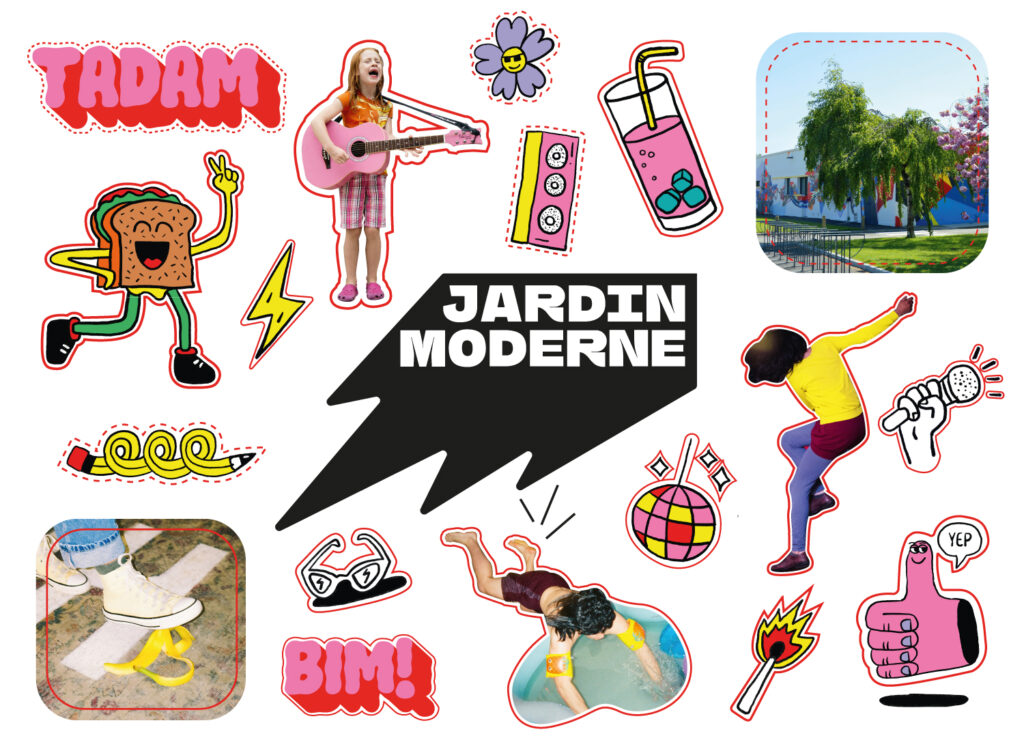 Visuel septembre octobre 2023 illustrant un ensemble de stickers en forme de sandwich, boule à facette, fleurs, enceinte ou encore un micro.